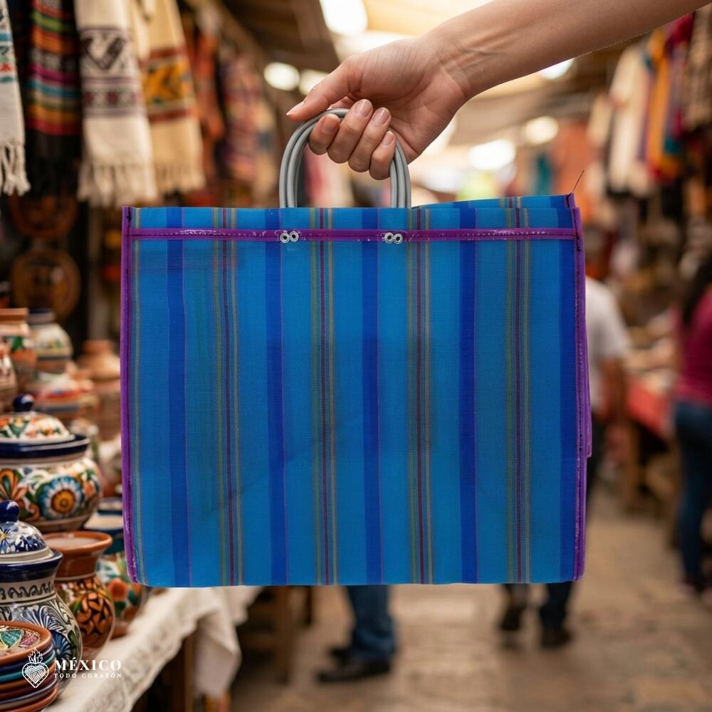 Traditional Mexican Mercado Tote Bag – Colorful Reusable Plastic Market Bag